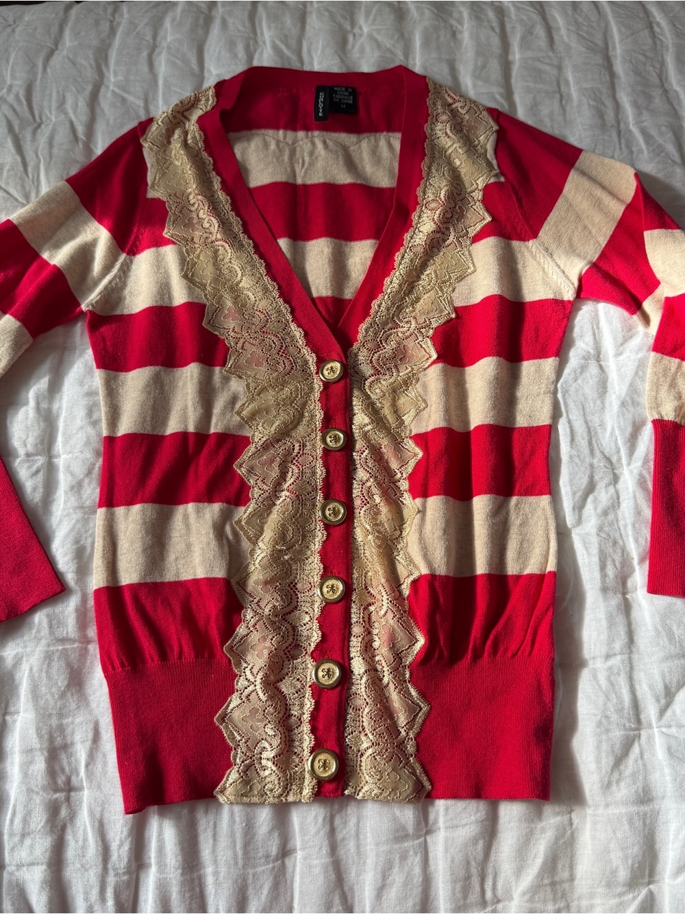 Women's Red and Cream Striped Lace-Trim Cardigan Sweater